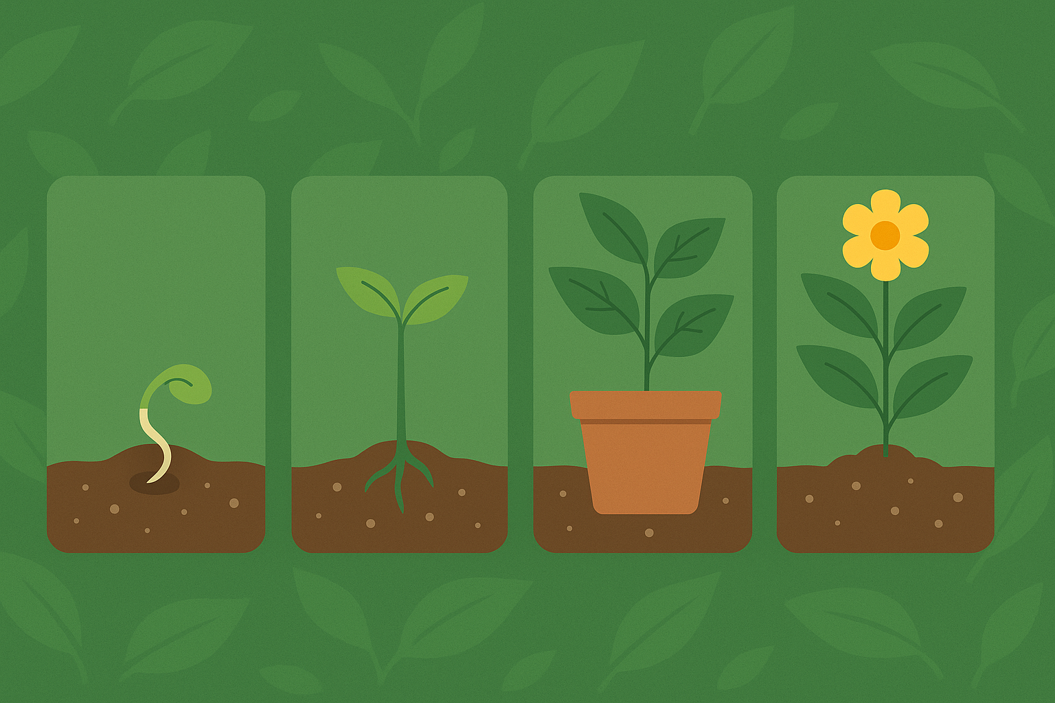 Four stages of plant growth from seedling to blooming flower, with a green background and soil.